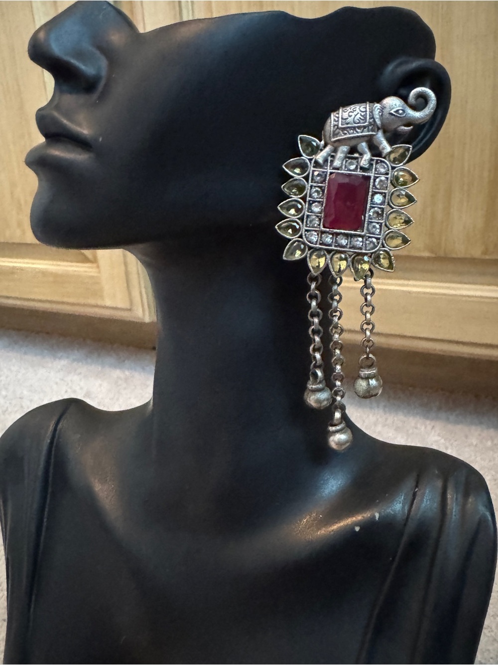 Silver Elephant Dangle Earrings with Red and Yellow Accent - Women Jewelry
